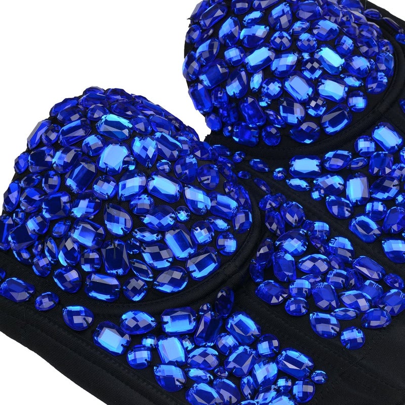 ELLACCI Women's Sexy Rhinestone Punk Bustier Crop Top Push Up Corset Bra Blue Large - Image 4